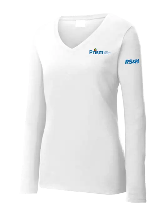 Womens  V-Neck Ring Spun White 4.5 oz Long Sleeve T-Shirt w/RS&H Prism Logo, RS&H Logo
