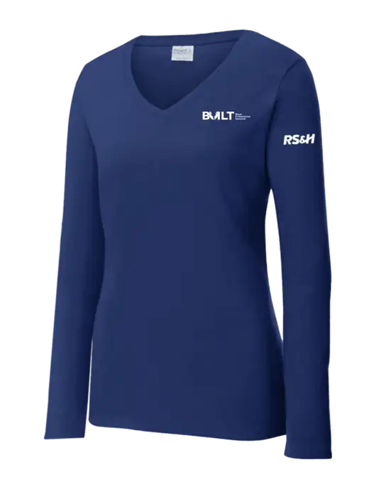 Womens  V-Neck Ring Spun Navy 4.5 oz Long Sleeve T-Shirt w/RS&H BUILT Logo, RS&H Logo