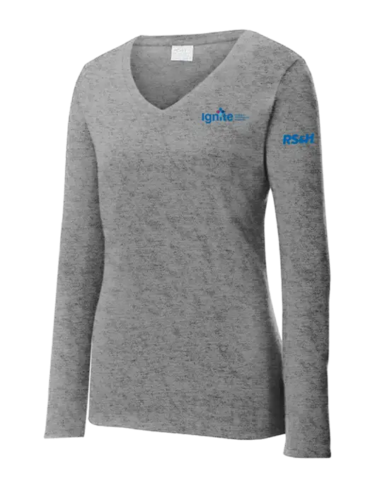 Womens  V-Neck Ring Spun Grey Heather 4.5 oz Long Sleeve T-Shirt w/RS&H Ignite Logo, RS&H Logo