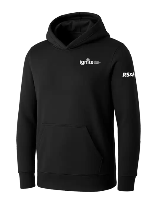 Womens Black Core Fleece Pullover Hooded Sweatshirt w/RS&H Ignite Logo, RS&H Logo