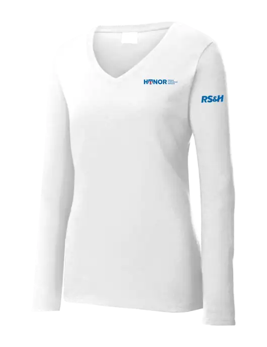 Womens  V-Neck Ring Spun White 4.5 oz Long Sleeve T-Shirt w/RS&H HONOR Logo, RS&H Logo