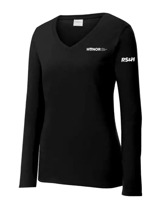 Womens V-Neck Ring Spun Jet Black 4.5 oz Long Sleeve T-Shirt w/RS&H HONOR Logo, RS&H Logo